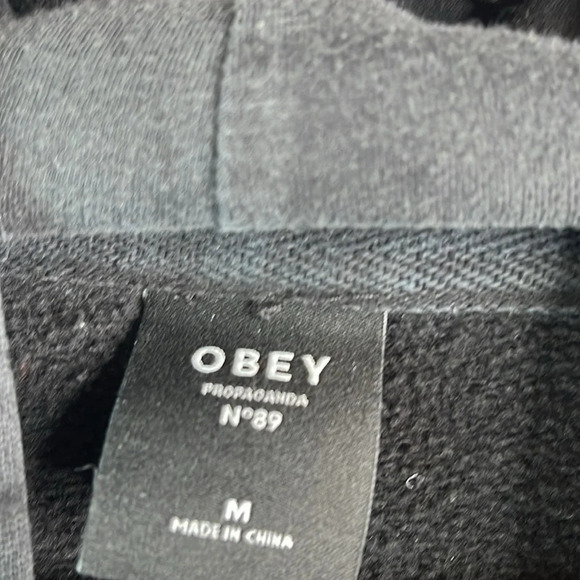 OBEY Graphic Logo Long Sleeve Hoodie Sweatshirt Black Kangaroo Pocket *As Is* M - Picture 7 of 12
